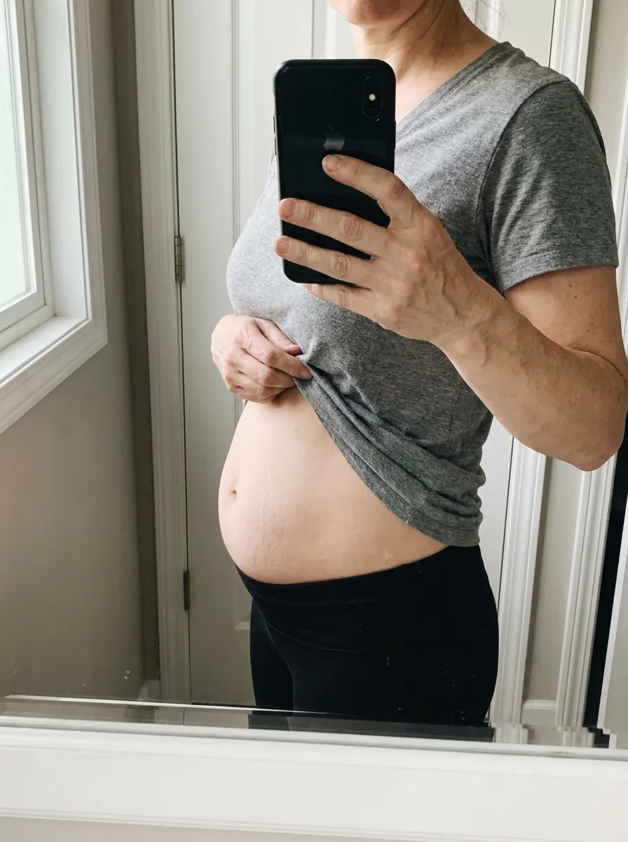 Femme devant son miroir — ventre après grossesse