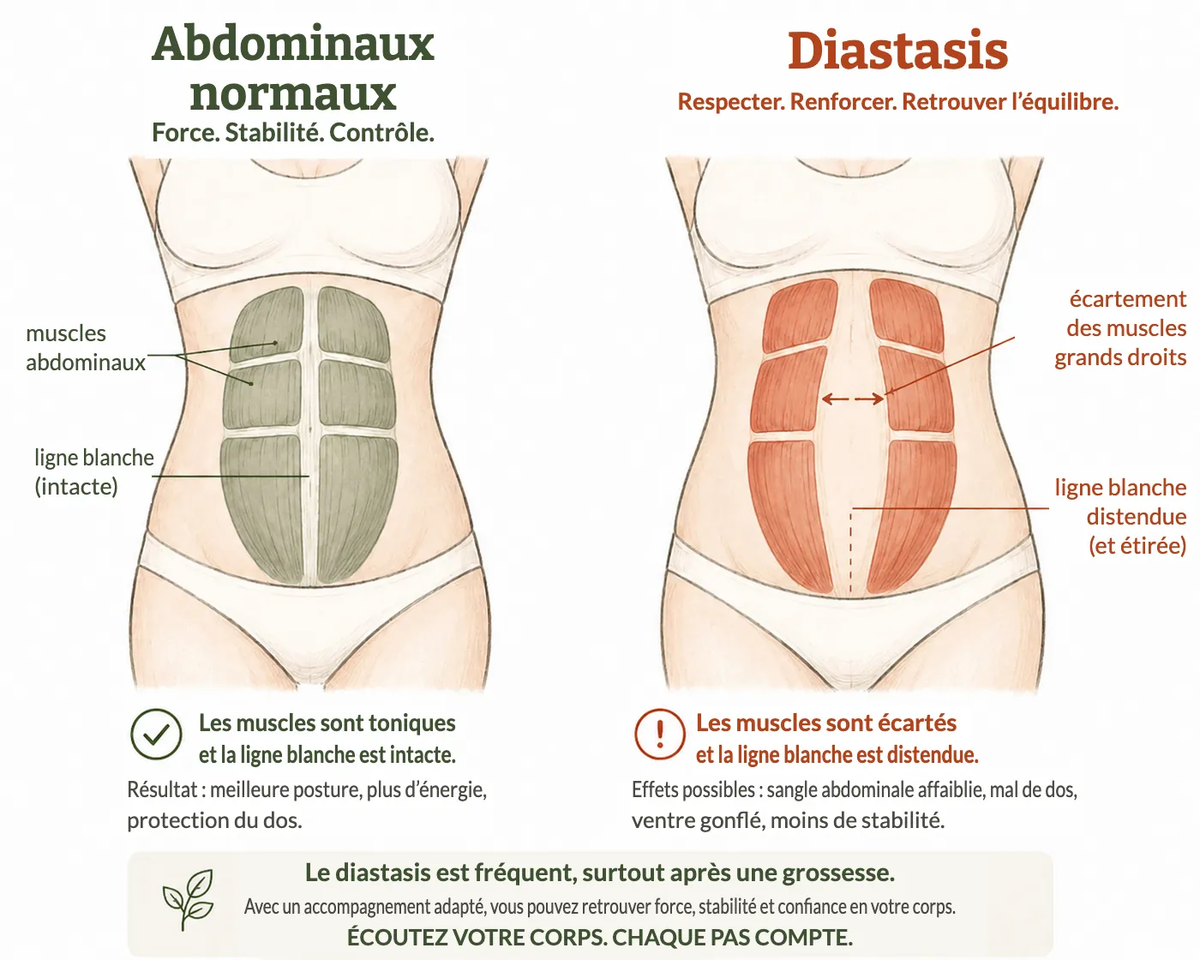 Schéma : abdominaux normaux et diastasis