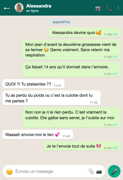 Capture WhatsApp — le jean qui se referme après 16 ans