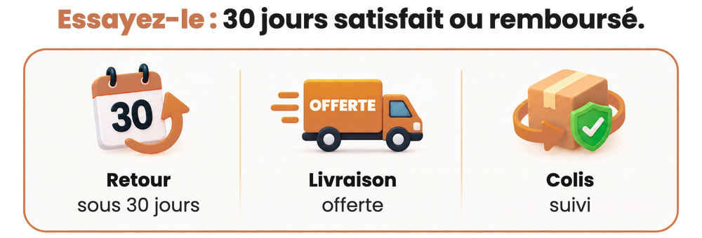 Essayez-le : 30 jours satisfait ou remboursé · livraison offerte · colis suivi